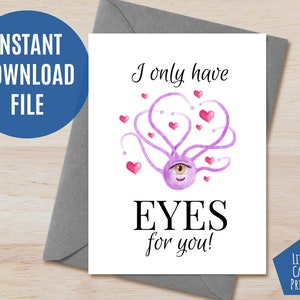D&D Anniversary - Valentines Day 5x7&quot; Card, Beholder Printable Card, Instant Download File Dungeons and Dragons