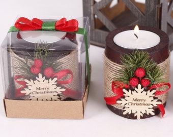Christmas Personalized Candle Favor, Christmas Wooden Candle Holder, Happy Holiday Favors, Floral Candle Favors, Merry Christmas Tag