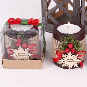 Christmas Personalized Candle Favor, Christmas Wooden Candle Holder, Happy Holiday Favors, Floral Candle Favors, Merry Christmas Tag