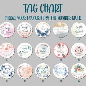 Peut inclure: Tableau de 15 mod&egrave;les diff&eacute;rents d'&eacute;tiquettes de faveur de mariage. Chaque &eacute;tiquette est un cercle avec un motif floral aquarelle et les noms Emily et Daniel avec une date de mariage. Les &eacute;tiquettes sont num&eacute;rot&eacute;es de 1 &agrave; 15.