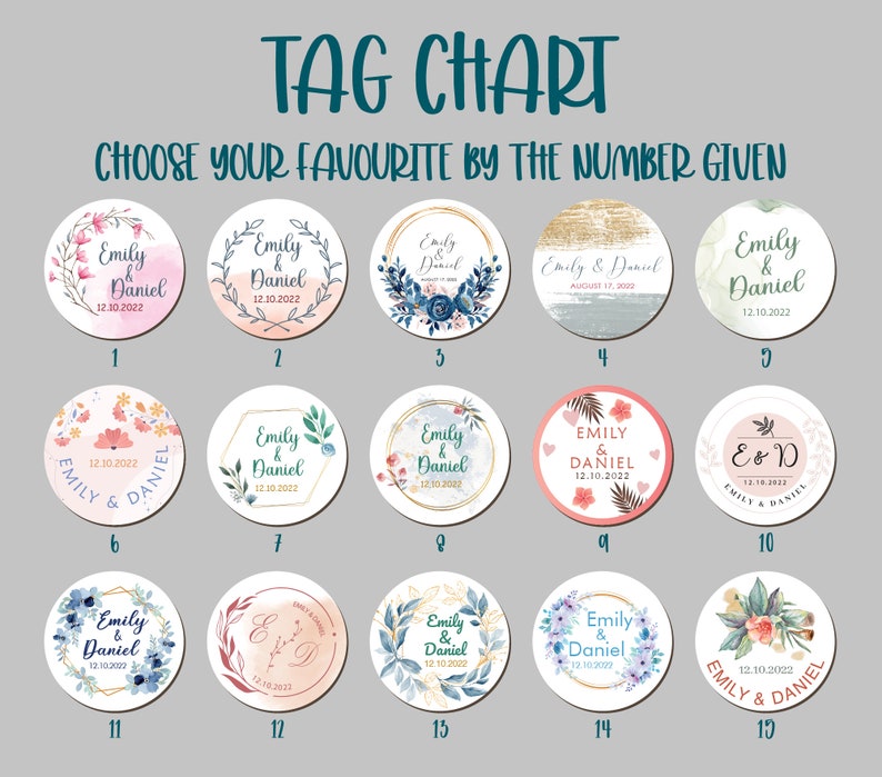 Peut inclure: Tableau de 15 mod&egrave;les diff&eacute;rents d'&eacute;tiquettes de faveur de mariage. Chaque &eacute;tiquette est un cercle avec un motif floral aquarelle et les noms Emily et Daniel avec une date de mariage. Les &eacute;tiquettes sont num&eacute;rot&eacute;es de 1 &agrave; 15.