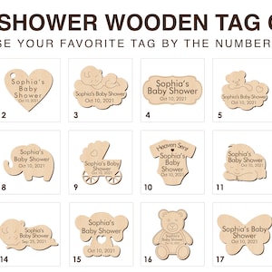 May include: A chart showing 18 different wooden baby shower tags. Each tag features a different design, including a heart, a cloud, a teddy bear, a butterfly, and an angel. The tags are all made of natural wood and have a rustic look. The chart is labeled "Baby Shower Wooden Tag Chart" and "Choose Your Favorite Tag by the Number Given".