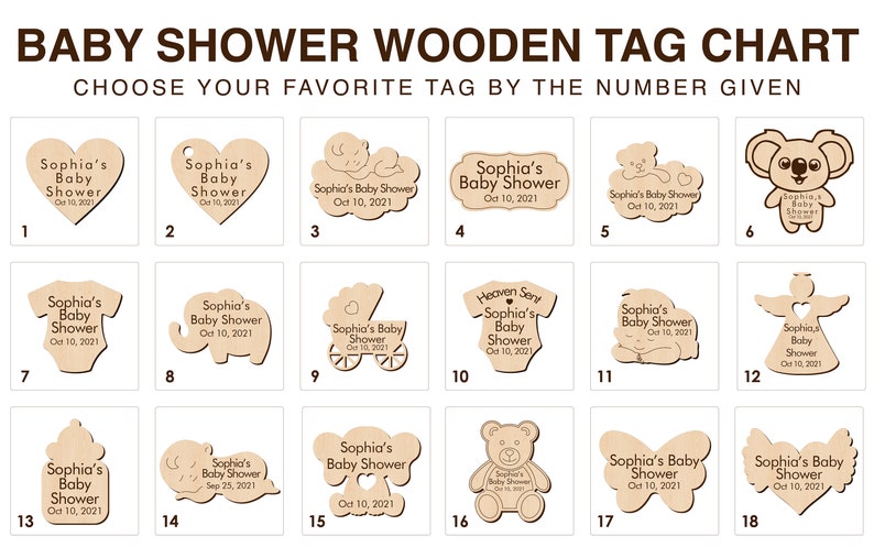 May include: A chart showing 18 different wooden baby shower tags. Each tag features a different design, including a heart, a cloud, a teddy bear, a butterfly, and an angel. The tags are all made of natural wood and have a rustic look. The chart is labeled "Baby Shower Wooden Tag Chart" and "Choose Your Favorite Tag by the Number Given".