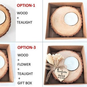 May include: Four variations of a wooden candle holder with a tealight. Option 1 is a simple wooden candle holder. Option 2 is a wooden candle holder in a gift box. Option 3 is a wooden candle holder with a dried flower and a tealight in a gift box. Option 4 is a wooden candle holder with a dried flower, a wooden tag, and a tealight in a gift box.
