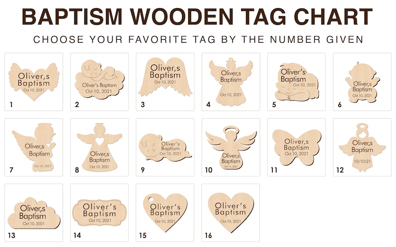 Pu&ograve; includere: Un grafico che mostra 16 diverse etichette di legno per battesimo con vari disegni, tra cui angeli, cuori, nuvole e farfalle. Ogni etichetta &egrave; contrassegnata dal numero 1 al 16 e include il testo "Oliver's Baptism" e una data.