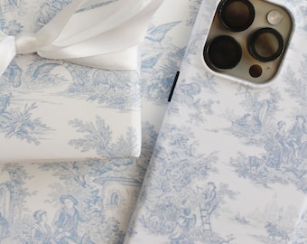 French Blue Toile iPhone Case: Mag-Safe Compatible Protective Phone Case