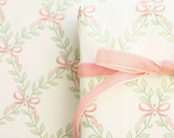 Trellis Bows Wrapping Paper - Greenery Lattice Pink Bows Girly Preppy Gift Wrap for Birthdays, Showers, All Occasions