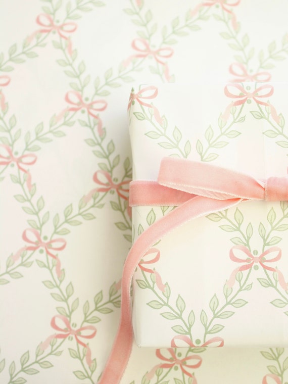 Greenery Lattice Pink Bows Wrapping Paper | Trellis Girly Preppy Gift Wrap | Maddenly Paperie
