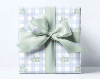 Blue Gingham Green Trains Wrapping Paper | Baby Shower, Birthday Gift Wrap