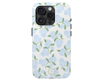Blue Hydrangea iPhone Case - Protective, MagSafe Compatible - Preppy, Floral Design