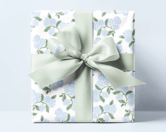Geschenkpapier mit Hortensien | Blaue Blumen Küsten Girly Preppy Geschenkverpackung | Babyparty, Hochzeit, Brautmoden, Geburtstag, Ostern, Frühling, Muttertag