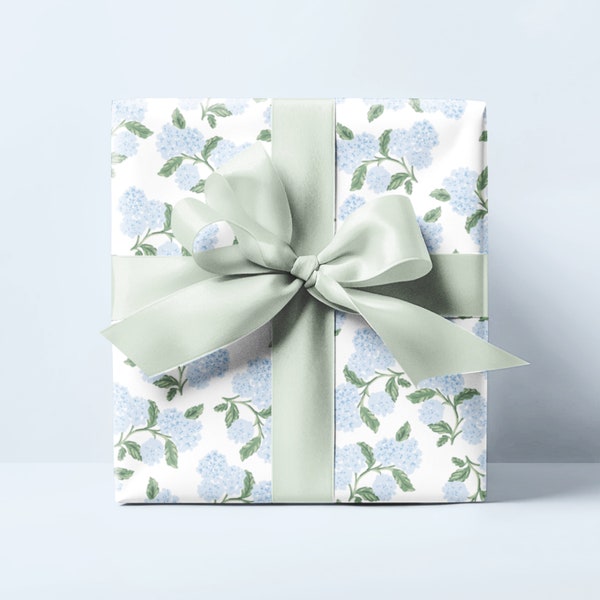 Hydrangea Wrapping Paper | Blue Floral Coastal Girly Preppy Gift Wrap | Baby Shower, Wedding, Bridal, Birthday, Easter, Spring, Mothers Day