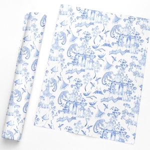 Blue Chinoiserie wrapping paper, preppy wrapping paper, grand millennial gift wrap, blue and white floral pattern