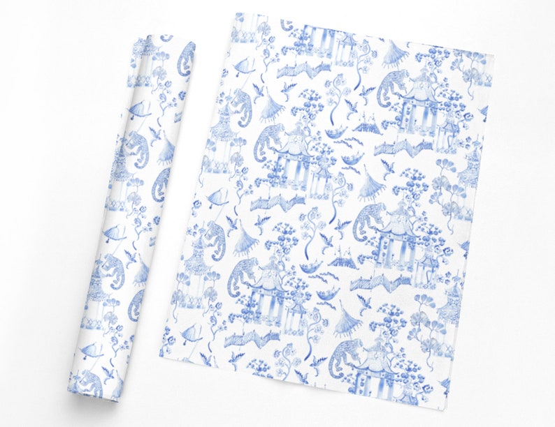 Blue Chinoiserie wrapping paper, preppy wrapping paper, grand millennial gift wrap, blue and white floral pattern