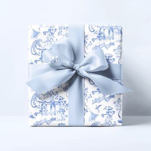 Chinoiserie Wrapping Paper | Blue Floral Girly Preppy Grand Millennial Gift Wrap | Baby Shower, Wedding Gift, Bridal Shower, Birthday