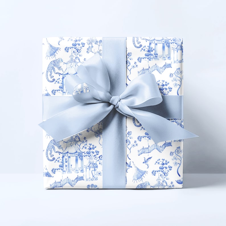 Chinoiserie Wrapping Paper Blue Floral Girly Preppy Grand Millennial Gift Wrap Baby Shower, Wedding Gift, Bridal Shower, Birthday image 1