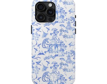 Chinoiserie Tough Phone Case | Blue Preppy Girly Protective Durable Case for iPhone