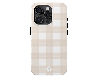 Beige Gingham Phone Case: Checkered Preppy Design, Mag-Safe Compatible