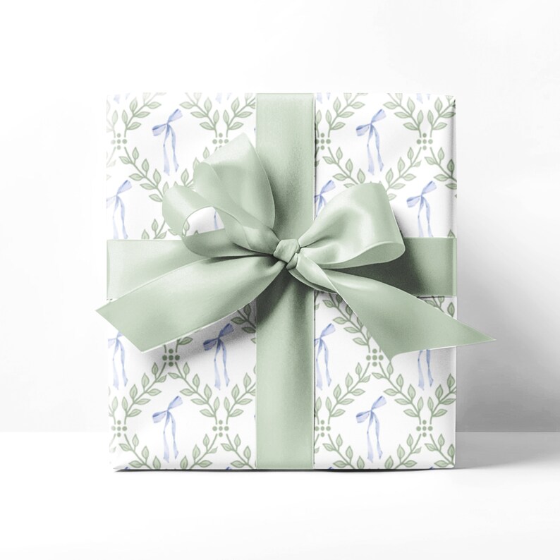 Trellis Bows Wrapping Paper Greenery Lattice Blue Bows Girly Preppy Grandmillennial Gift Wrap image 1