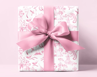 Chinoiserie Wrapping Paper | Pink Floral Girly Preppy Grand Millennial Gift Wrap | Baby Shower, Wedding, Bridal, Birthday Paper