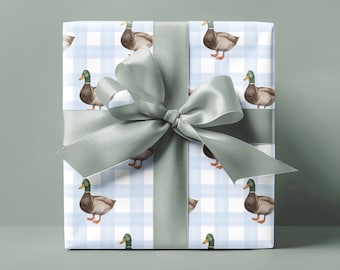 Duck Gingham Watercolor Wrapping Paper | Baby Blue Boy Gift Wrap | Baby Shower, Birthday Party, Boy Birthday