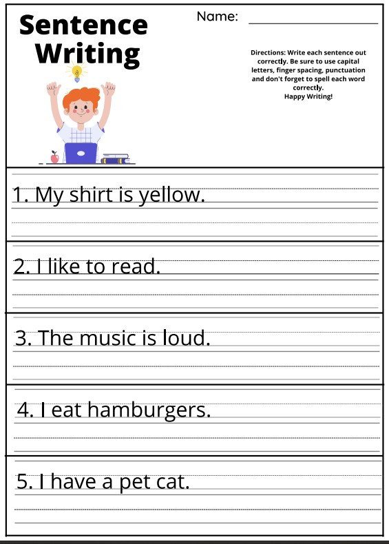 10 Printable Write the Sentence Worksheets for Kindergarden-4th Grade