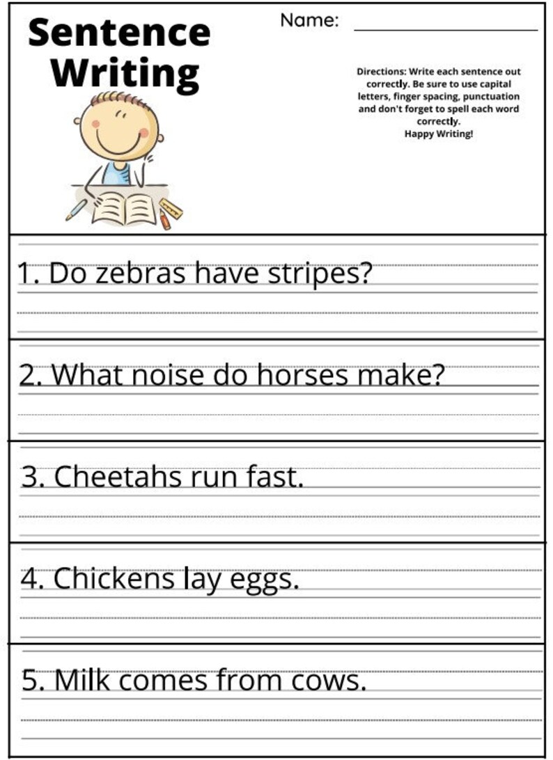 10 Printable Write the Sentence Worksheets for Kindergarden4th Grade
