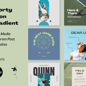 May include: A set of social media post templates with a sporty neon gradient theme. The templates feature images of people playing tennis and text that says "The Best Game Ever", "Gear Up", "Field Day", and "Quinn".