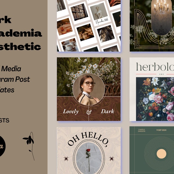 Dark-Academia-Aesthetic Social Media Instagram Post Templates. Evergreen Original Marble Graphics Drawings. Social Media Square Posts.