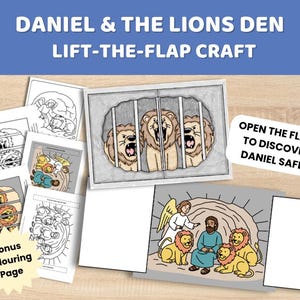 Può includere: Un kit per lavoretti a finestrella Daniel e la fossa dei leoni con diverse pagine stampate, disegni al tratto in bianco e nero e illustrazioni a colori di leoni in una tana, un angelo e una persona, inclusa una pagina da colorare bonus.