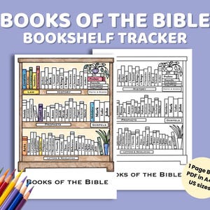 May include: A Books of the Bible Bookshelf Tracker featuring a coloured illustration and a black and white outline version of a bookshelf filled with labelled book spines. The text reads Books of the Bible Bookshelf Tracker and 1 Page B&W PDF.