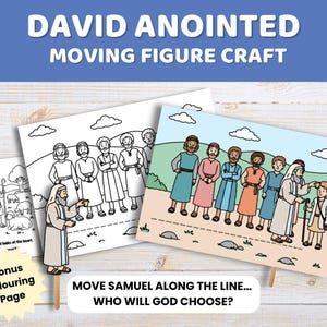 Puede incluir: Un kit de manualidades en papel con el David Anointed Moving Figure Craft. Incluye una escena a color de Samuel ungiendo a David, una versión en blanco y negro para colorear y una página extra. Incluye una figura móvil de Samuel en un palo.