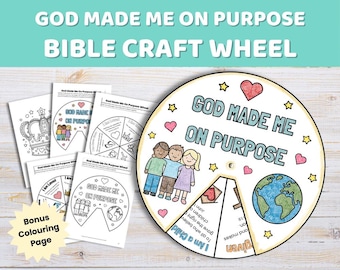 May include: A circular paper craft wheel titled God Made Me On Purpose featuring colorful illustrations of three children, a globe, hearts, and stars, accompanied by several black and white printable activity sheets with a bonus coloring page.