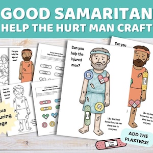 Pode incluir: Um conjunto de páginas de artesanato imprimíveis do Bom Samaritano. As páginas apresentam ilustrações de um homem ferido com bandagens e o texto "Você pode ajudar o homem ferido?" A imagem também inclui o texto "Bonus Colouring Page" e "Add the plasters!"