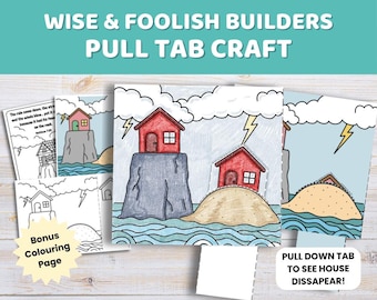 Wise & Foolish Builders Craft for Kids | Pull Tab Bible Activity | Sunday School Printable