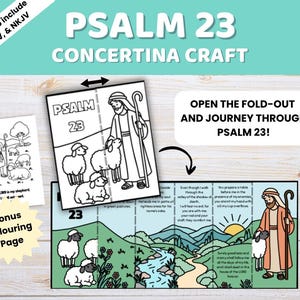 May include: A Psalm 23 concertina craft kit featuring a fold-out illustrated booklet with text, a black and white coloring page, and the printed text Updated to include NIV, ESV, & NKJV, Open the fold-out and journey through Psalm 23, and Bonus Colouring Page.