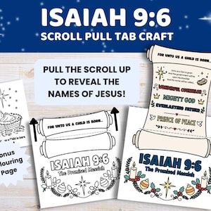 Op de afbeelding: Een knutselset met een Isaiah 9:6 scroll-treklipje, inclusief een zwart-wit kleurplaat van een kerststal, een sjabloon met instructies en een ingekleurde versie die de namen van Jezus op een opgerolde scroll laat zien.