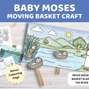 May include: A paper craft kit featuring a Baby Moses moving basket scene with a river, mountains, and figures. Includes a colored display, black and white coloring pages, and a bonus coloring page. Text reads: BABY MOSES MOVING BASKET CRAFT.
