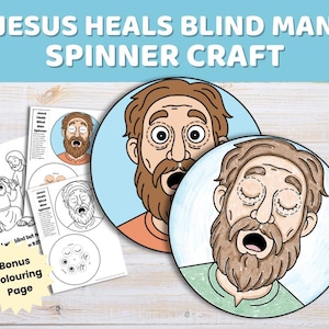 May include: A Jesus Heals Blind Man spinner craft kit featuring two circular paper discs with illustrations of a man with a brown beard, one with open eyes and one with closed eyes, alongside printable black and white activity sheets.