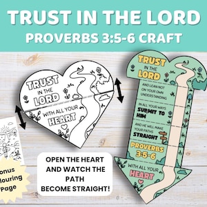 May include: A paper craft kit featuring a heart-shaped cutout with the text TRUST IN THE LORD WITH ALL YOUR HEART, an arrow-shaped cutout with the text TRUST IN THE LORD AND LEAN NOT ON YOUR OWN UNDERSTANDING, and a bonus black and white coloring page.
