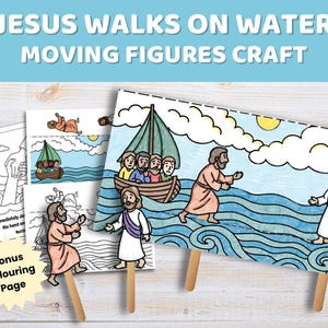 Peut inclure: Un kit de bricolage avec le texte "JESUS WALKS ON WATER MOVING FIGURES CRAFT". Le kit comprend des figurines illustrées de Jésus et des disciples, un bateau et une page de coloriage bonus. Les illustrations sont aux couleurs vives.