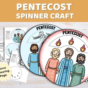 May include: A Pentecost spinner craft kit featuring circular paper templates with illustrations of figures and flames. The text PENTECOST is printed on the spinners. Includes black and white line art pages and a bonus colouring page with figures.