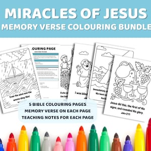 May include: A set of five Bible colouring pages with memory verses and teaching notes. The pages show line drawings of biblical scenes, including a boat on the water and Jesus performing miracles. The text "Miracles of Jesus" is at the top.