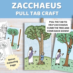 Könnte beinhalten: Ein Zacchaeus-Zuglaschen-Bastelset mit illustrierten Papierszenen einer Figur, die auf einen Baum klettert. Der Text lautet: ZACCHAEUS PULL TAB CRAFT, PULL THE TAB TO HELP ZACCHAEUS CLIMB THE TREE AND COME BACK DOWN!, und BONUS COLOURING PAGE.