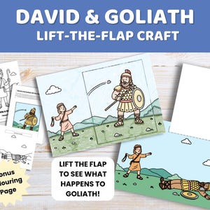 May include: A David and Goliath lift-the-flap craft kit featuring printed paper sheets with illustrations of the biblical story. The set includes colouring pages, a scene with a flap showing Goliath standing, and a scene showing Goliath lying down.