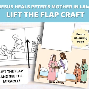 以下が含まれることがあります： Jesus Heals Peter's Mother in Lawというタイトルのフラップ式クラフトキット。ベッドサイドのイエスを描いた白黒の線画テンプレート、シーンのカラー版、テキスト付きのボーナス塗り絵ページが含まれています。