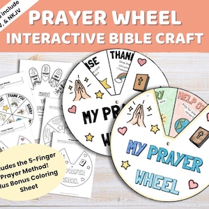 Op de afbeelding: Een printbare interactieve Bijbelknutselset met een cirkelvormig gebedswiel met handgetekende illustraties van biddende handen, harten, sterren en een Bijbel. De tekst luidt My Prayer Wheel, Praise, Thank You, Sorry, Listen en Help Others.