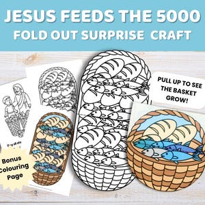 May include: A Jesus Feeds the 5000 fold out surprise craft kit featuring black and white line art and colored illustrations of baskets filled with bread and fish. Includes a bonus coloring page and text that reads PULL UP TO SEE THE BASKET GROW.