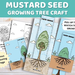 May include: A craft kit with the text "MUSTARD SEED GROWING TREE CRAFT." The kit includes a colouring page and several blue and white cards with illustrations of trees, clouds, and the text "FAITH GROWS." One card says "PULL UP TAB WATCH TREE GROW!"