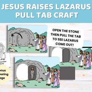 Könnte beinhalten: Ein Jesus erweckt Lazarus Bastelset mit Zuglasche, das mehrere illustrierte Szenen eines Grabes, eines Steins und Figuren zeigt. Enthält eine Bonus-Malvorlage mit dem Text I am the resurrection and the life. Das Bastelset enthält Anweisungen, den Stein zu öffnen und an der Lasche zu ziehen, um Lazarus herauskommen zu sehen.